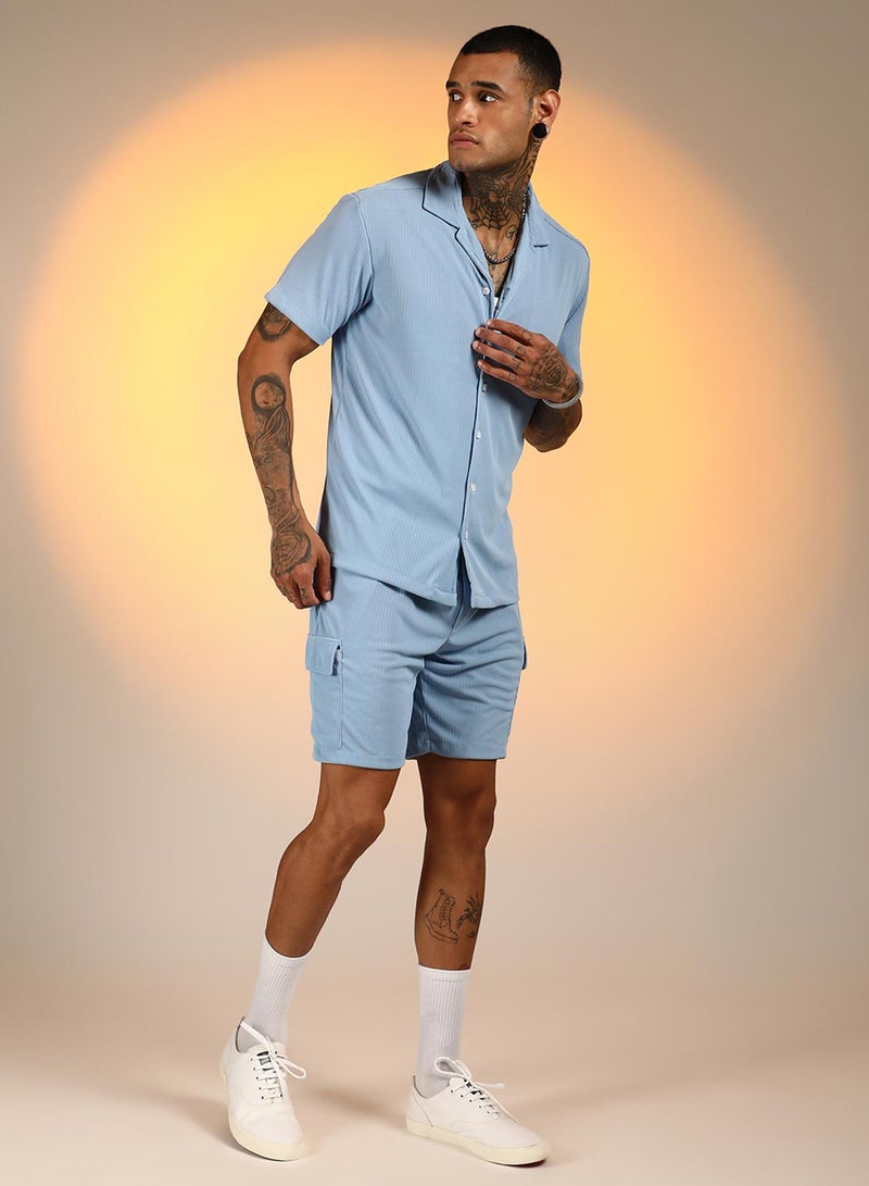 Campus Sutra Men's Baby Blue Ribbed Utility Co-Ord Set For Casual Wear | Cuban Collar | Short Sleeve | Button Closure | Co-Ords Crafted With Comfort Fit For Everyday Wear - Image 3